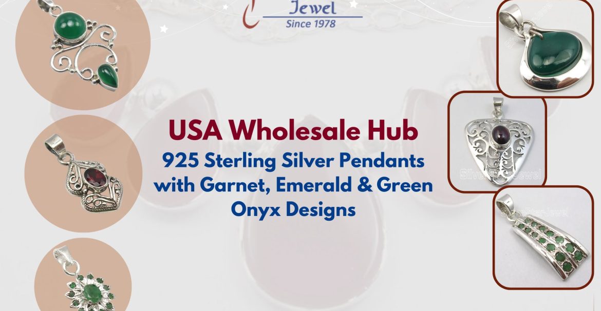 USA Wholesale Hub 925 Sterling Silver Pendants with Garnet, Emerald & Green Onyx Designs
