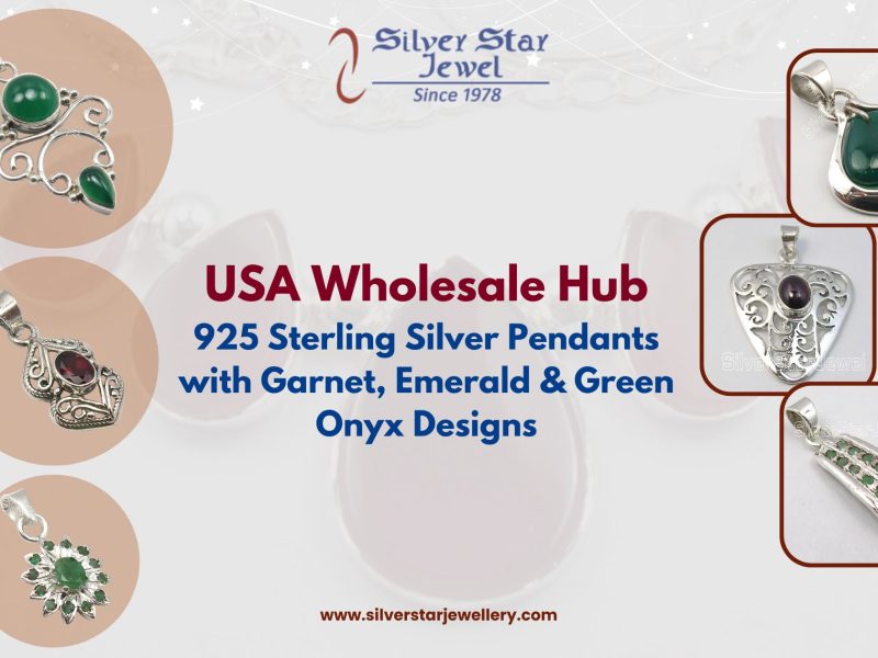 USA Wholesale Hub 925 Sterling Silver Pendants with Garnet, Emerald & Green Onyx Designs