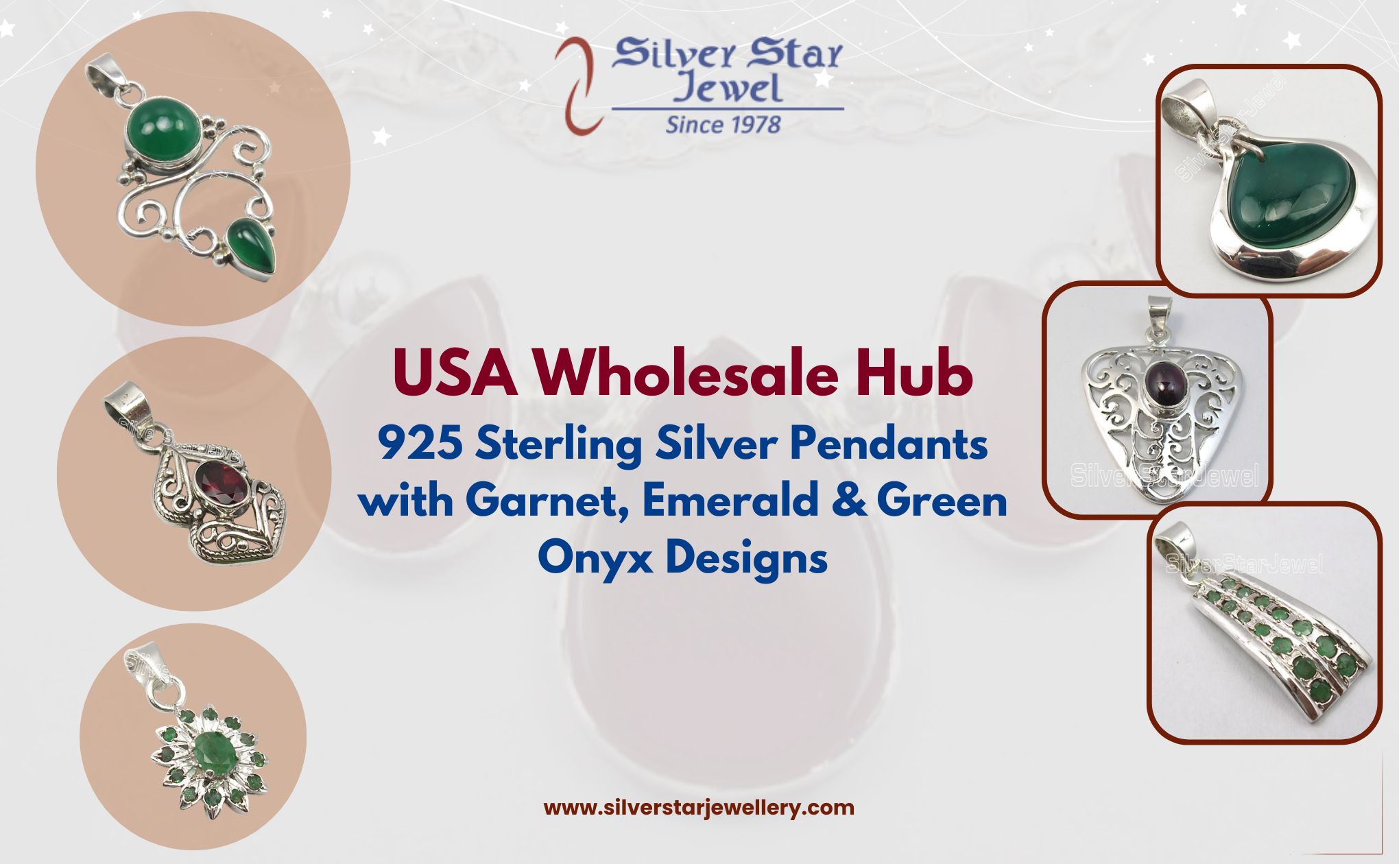 USA Wholesale Hub 925 Sterling Silver Pendants with Garnet, Emerald & Green Onyx Designs