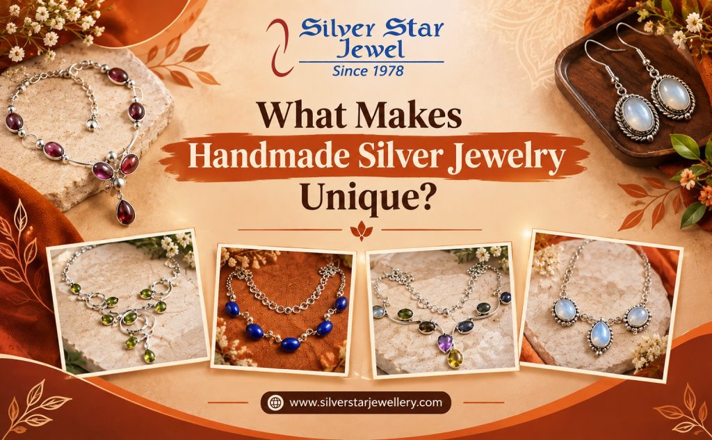 Handmade silver jewelry with gemstones showcasing artisan craftsmanship