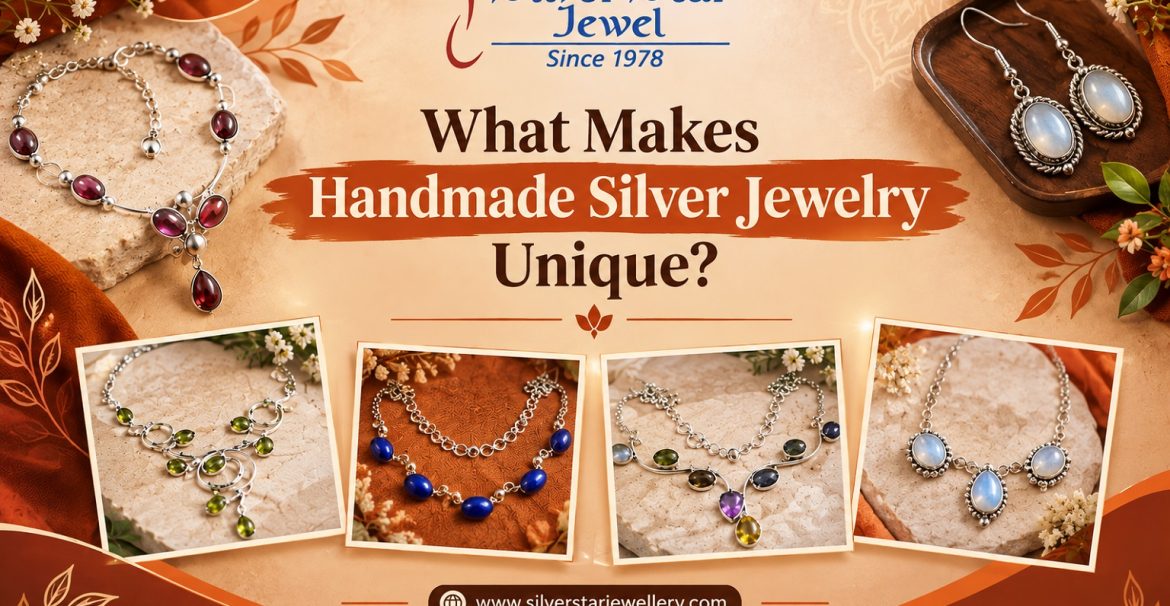 Handmade silver jewelry with gemstones showcasing artisan craftsmanship