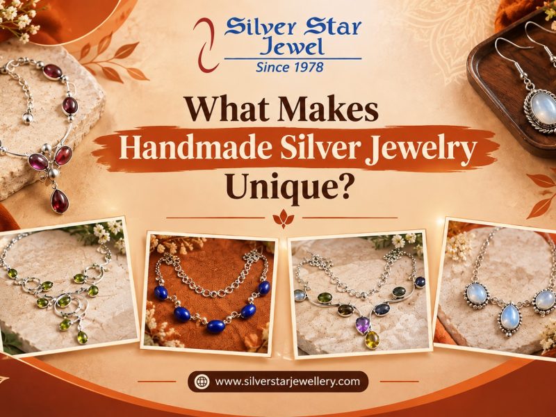 Handmade silver jewelry with gemstones showcasing artisan craftsmanship