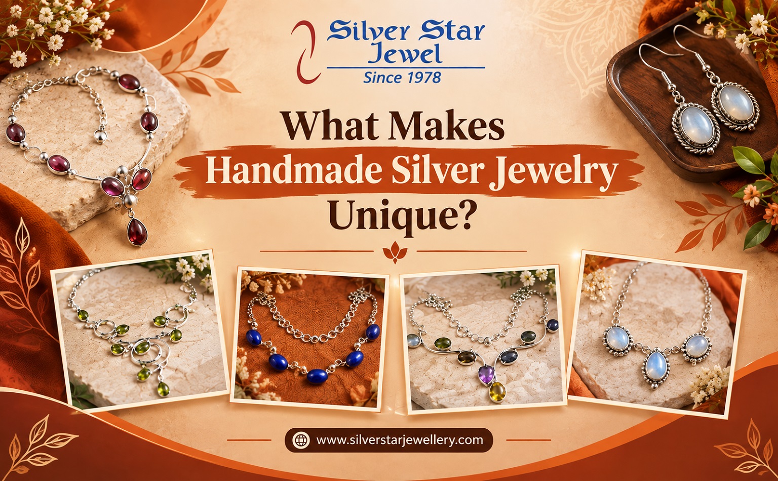 Handmade silver jewelry with gemstones showcasing artisan craftsmanship